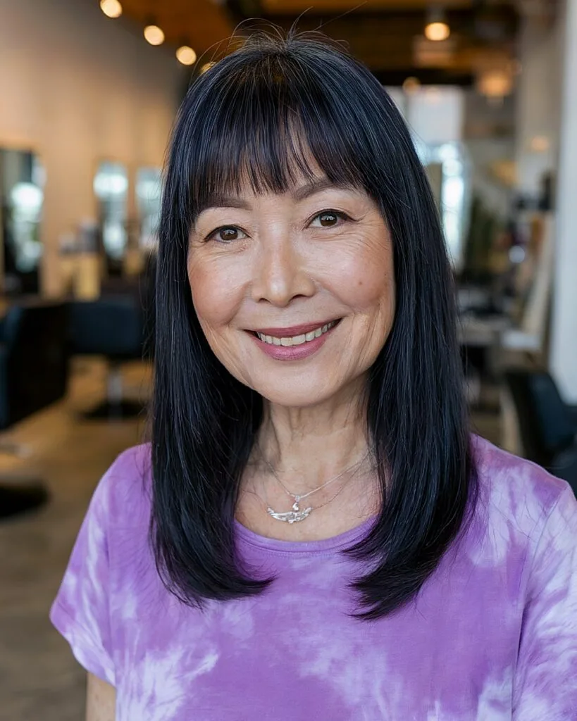 Medium straight black hair with layers and blunt bangs for older women