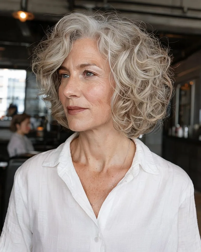 Messy curly bob for older women with layered ends and tousled natural silver curls