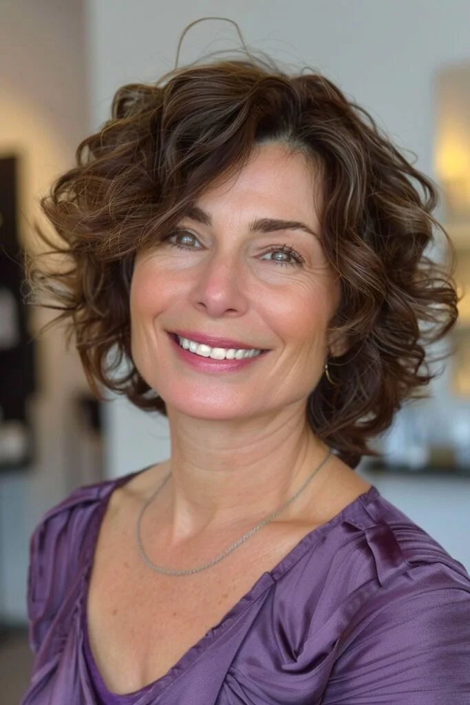 Messy layered curly bob hairstyle for older women with textured curls