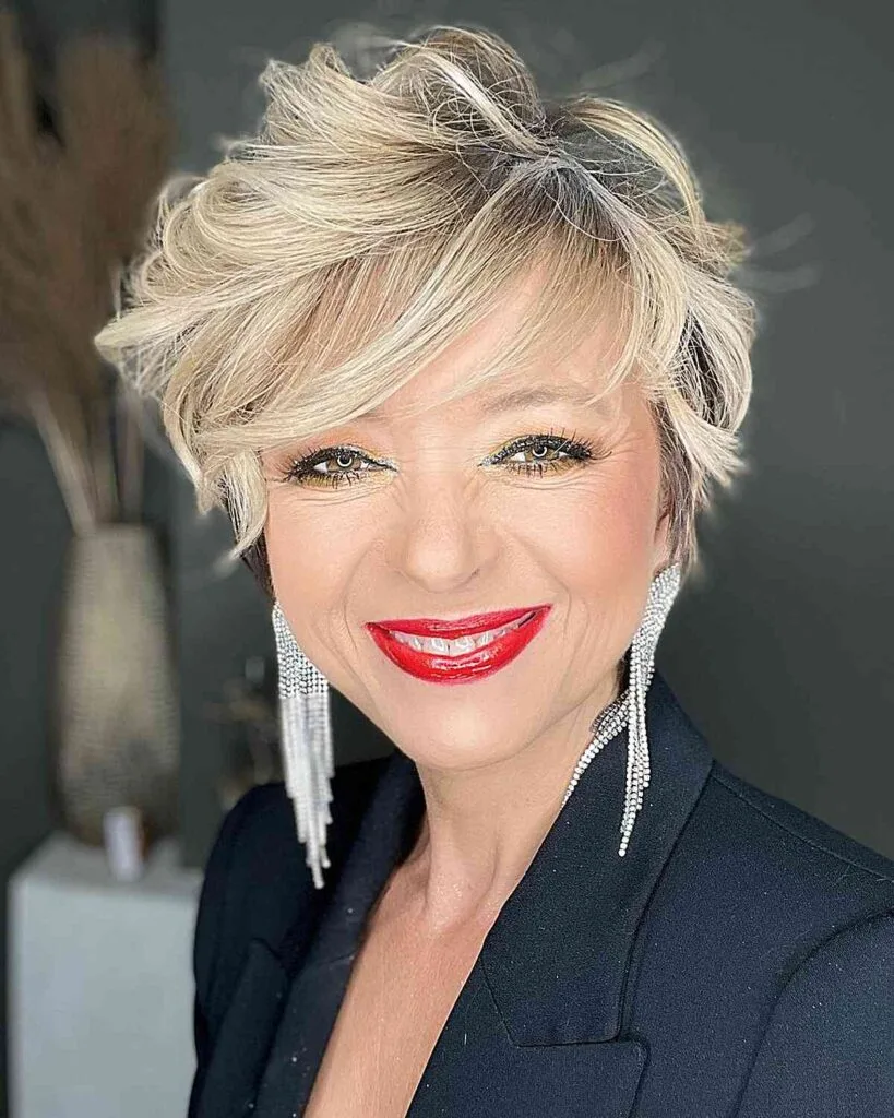 Messy Long Pixie with Swept Bangs for Women Aged 50 with Thin Hair