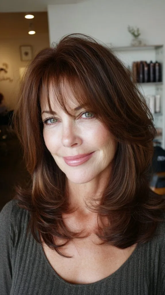 Mid-Length Chestnut Layers with Subtle Curtain Fringe