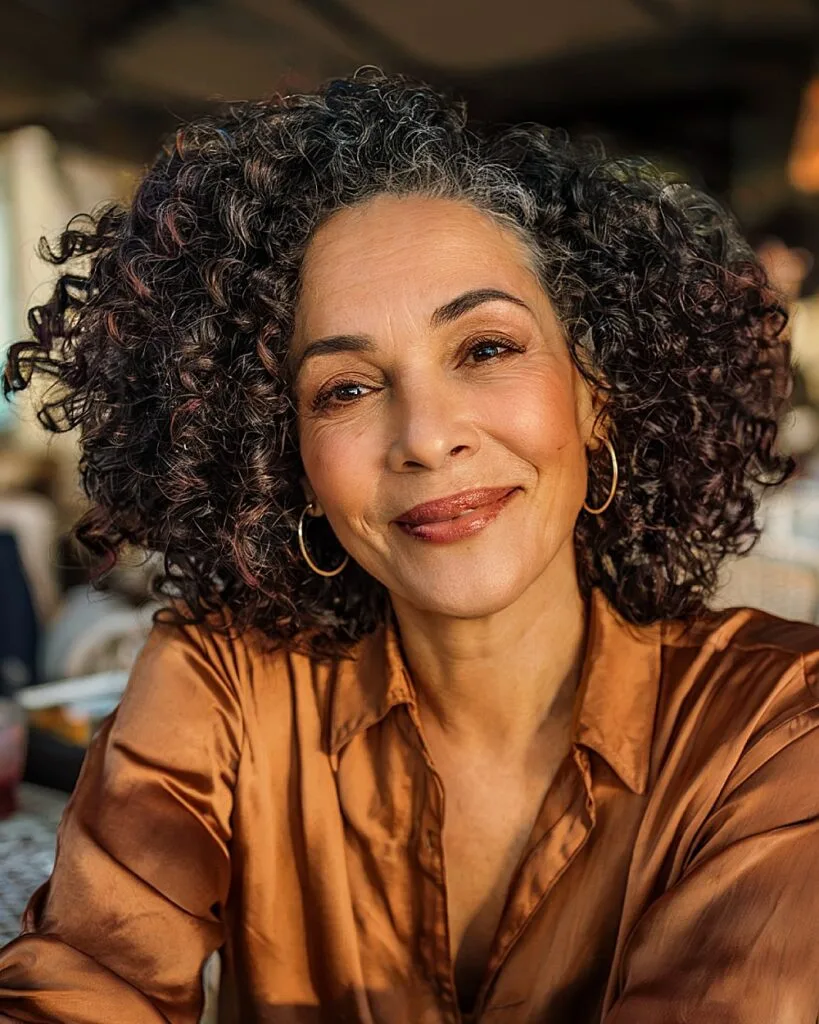 Mid-length curly haircut with bouncy layers that frame the face for stylish women over 50