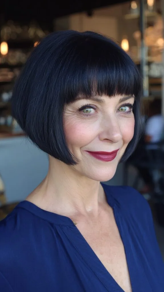 Midnight-Blue Short Bob with Precision Bangs