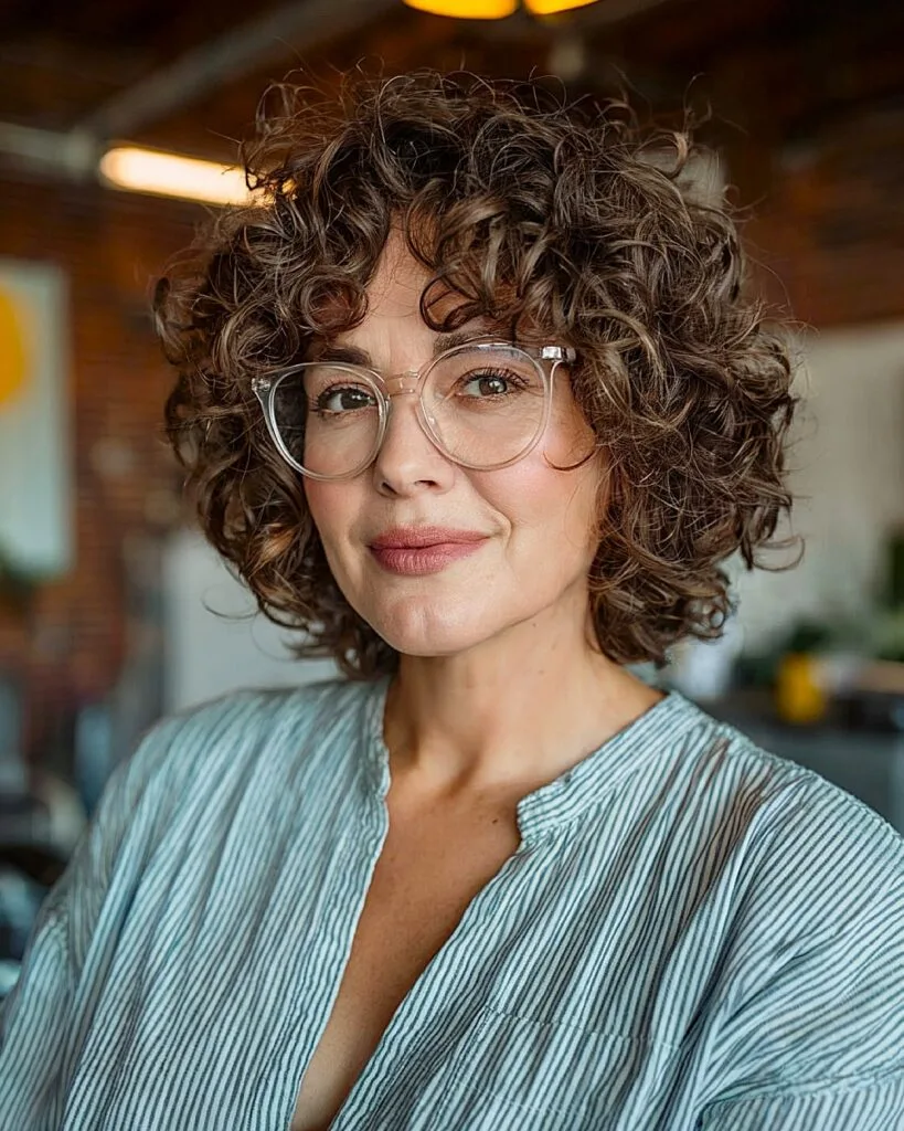 Mocha brown curly bob for older women wearing glasses with tight natural curls