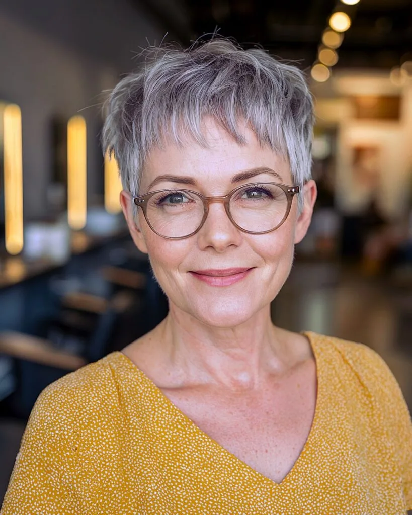 Modern French crop pixie for older women with short choppy fringe and gray hair