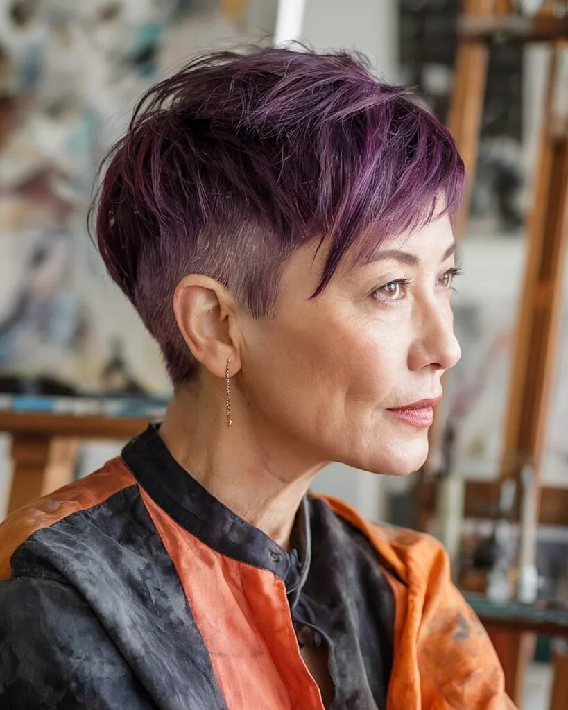 Modern pixie haircut with purple layers and undercut sides for bold older women with straight fine hair