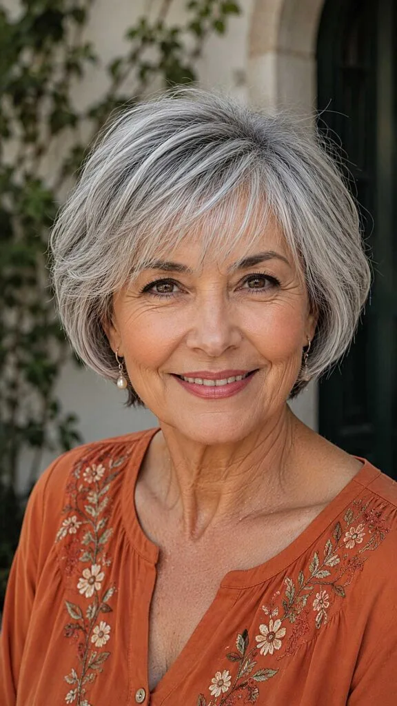 Natural silver gray pixie bob with soft wispy fringe