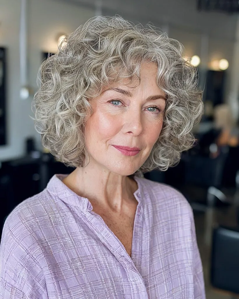 Neck-length curly bob for older women with soft layers and natural grey curls for gentle movement