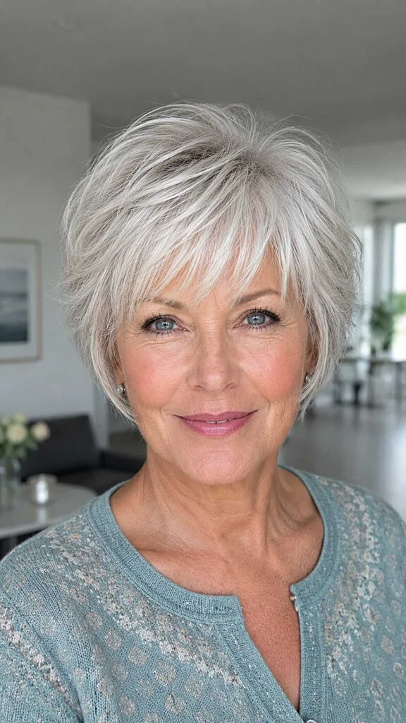 Platinum silver textured pixie bob with feathered layers