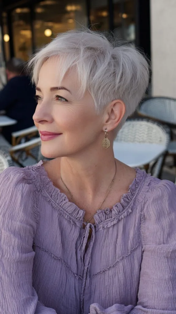 Platinum Textured Pixie with Angled Bangs