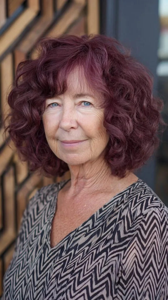 Plum Curly Chin-Length Bob with Wispy Fringe