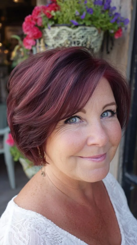 Plum-Red Stacked Chin-Length Bob with Side-Swept Fringe