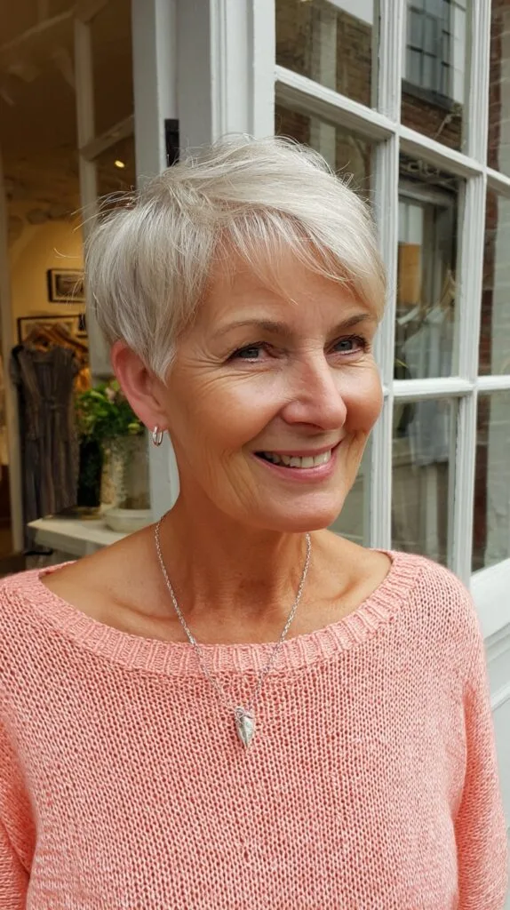 Pristine Platinum Textured Pixie with Gentle Waves