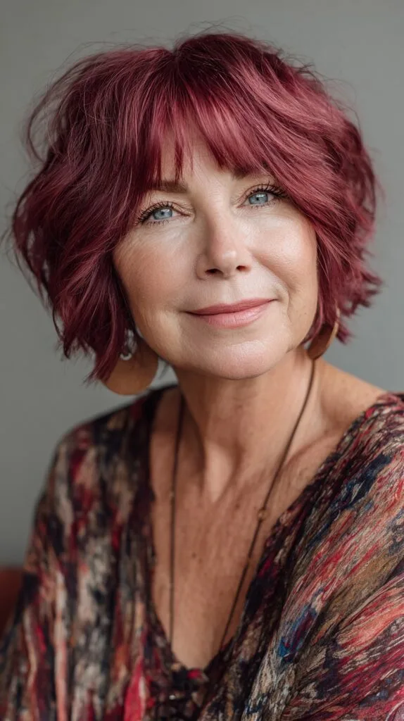 Raspberry Textured Chin-Length Shag with Rounded Curtain Fringe