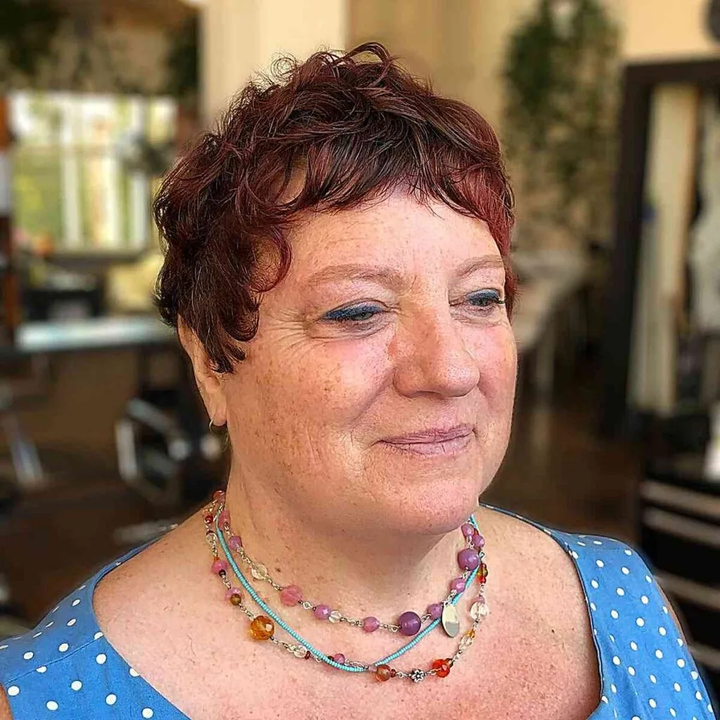 Red Curly Shaggy Pixie Crop for women past their 60s with round faces