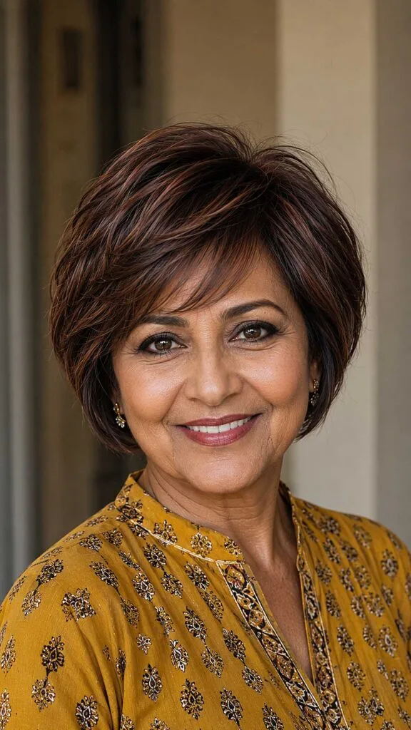 Rich auburn pixie bob with swept side fringe