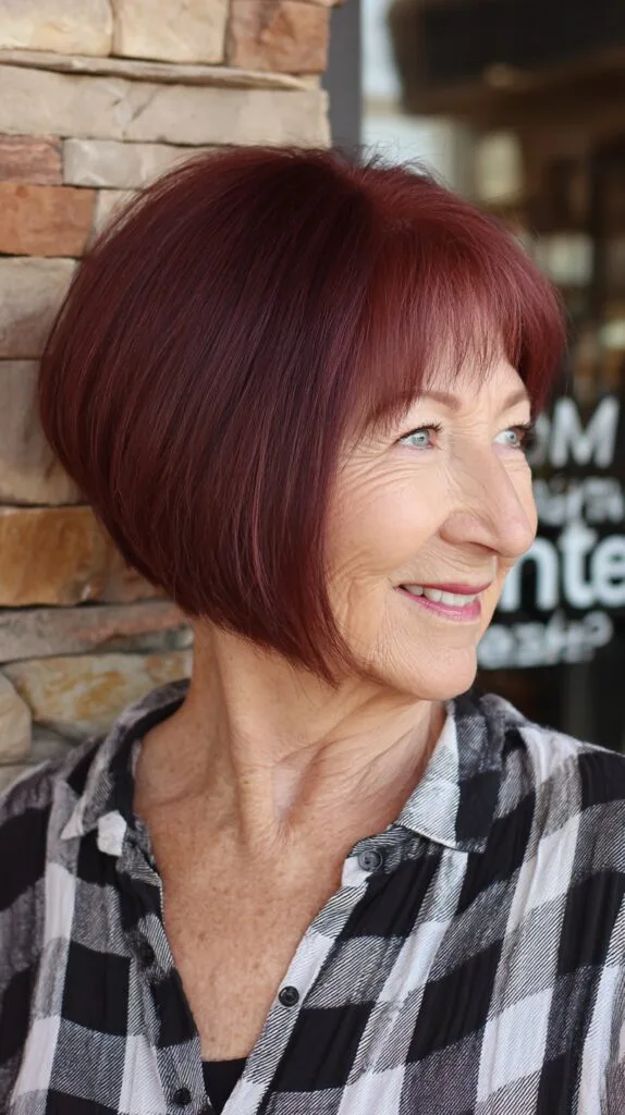Rich Burgundy Angled Bob with Feathered Fringe