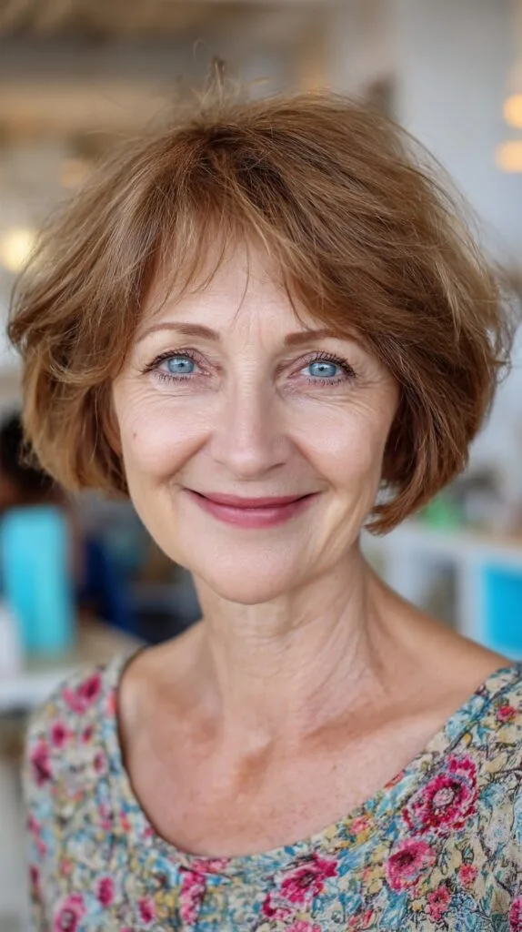 Root-Lifted Chestnut Textured Bob with Wispy Micro-Fringe