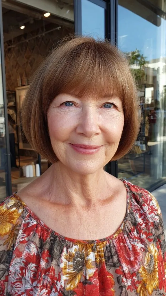 Rounded Chestnut Stacked Bob with Micro Fringe