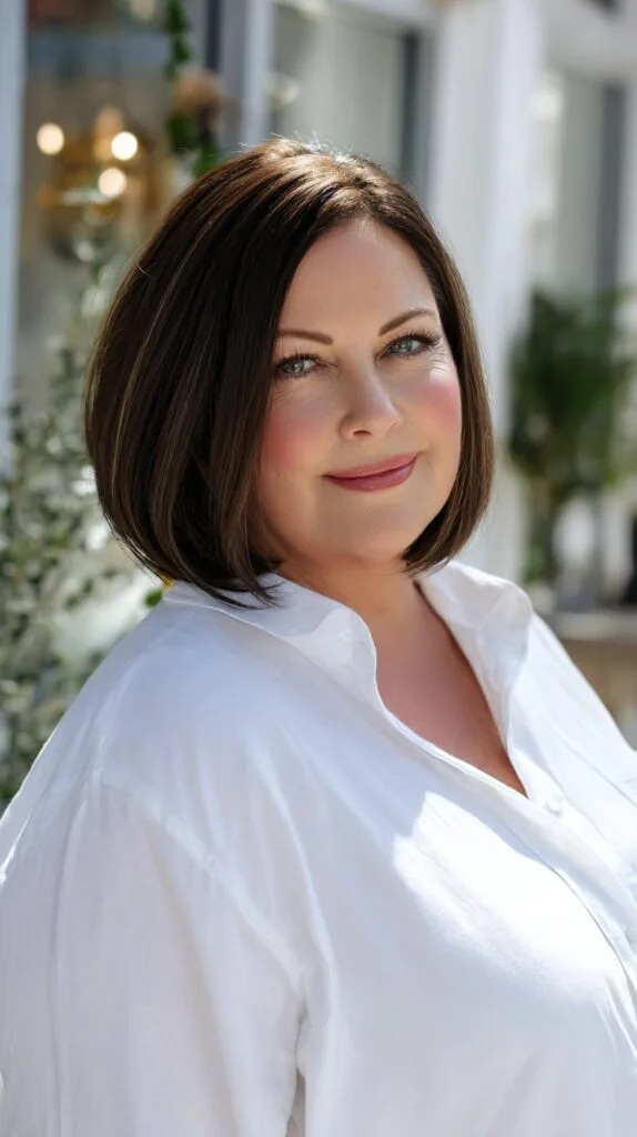 Rounded Chin-Grazing Bob with Forward Weight and Soft Root Shadow
