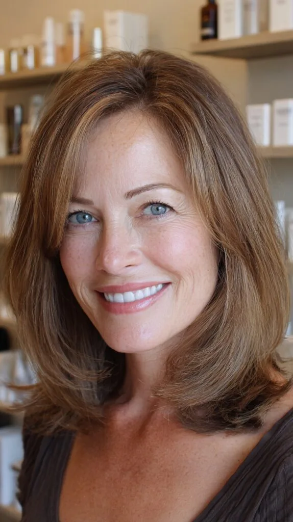Rounded Face-Framing Medium Layered Cut with Subtle Root Lift