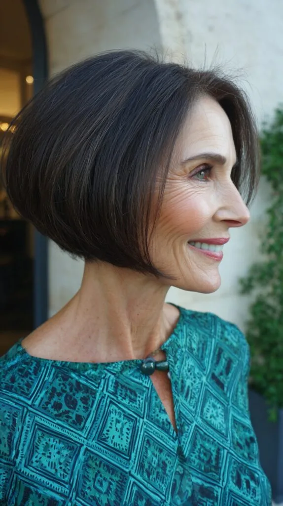 Rounded Stacked Chin-Length Bob with Subtle Salt-and-Pepper Temple Melt