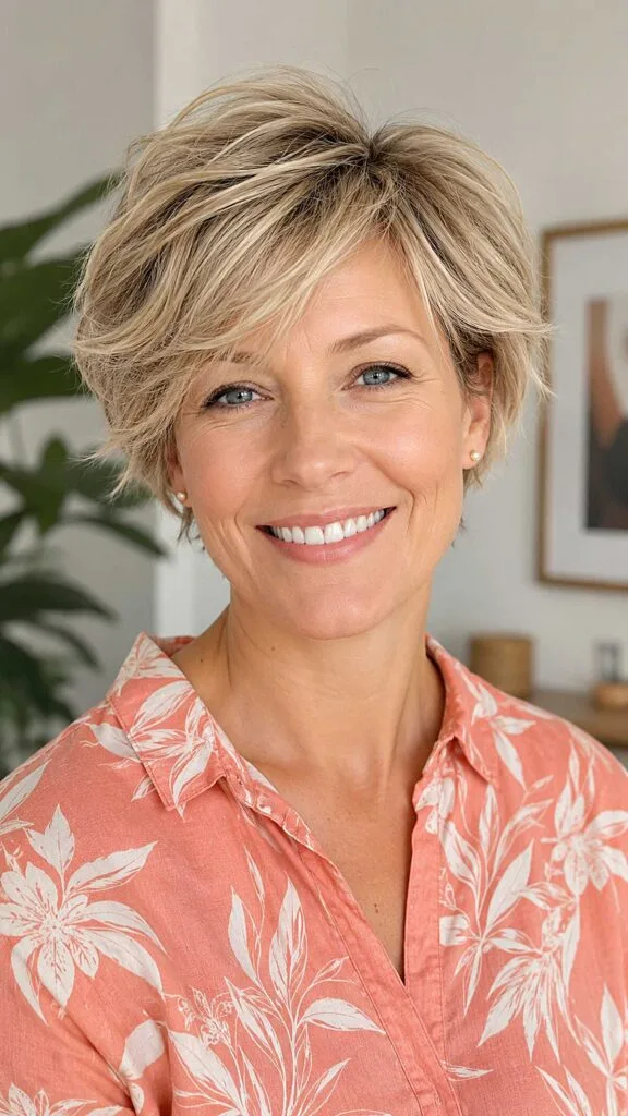 Sandy blonde highlighted pixie with windswept layers