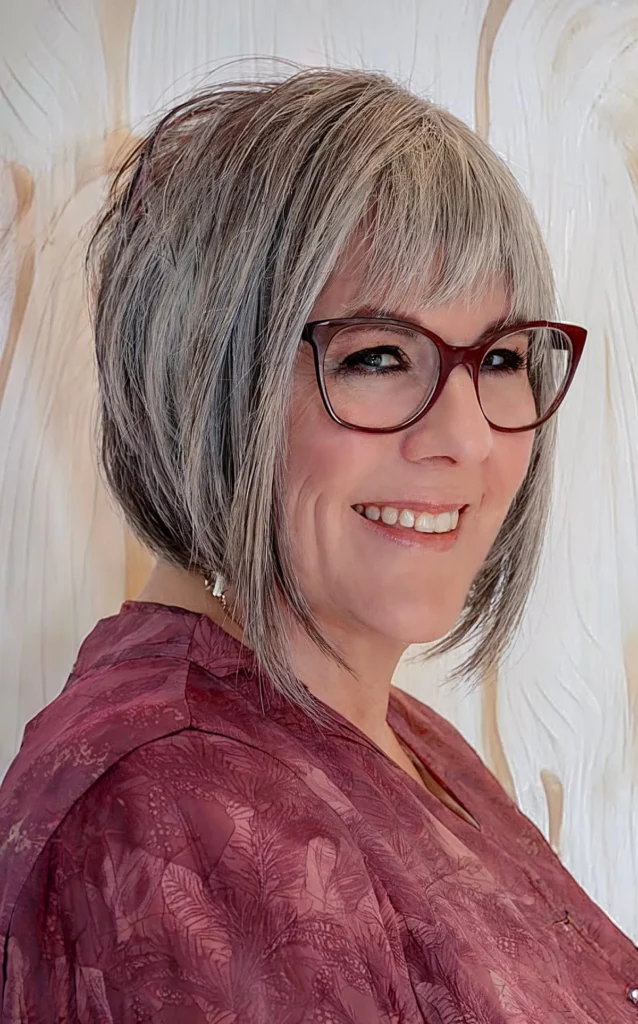 Short Angled Grey Bob with Asymmetrical Bangs for 60-Year-Old Ladies