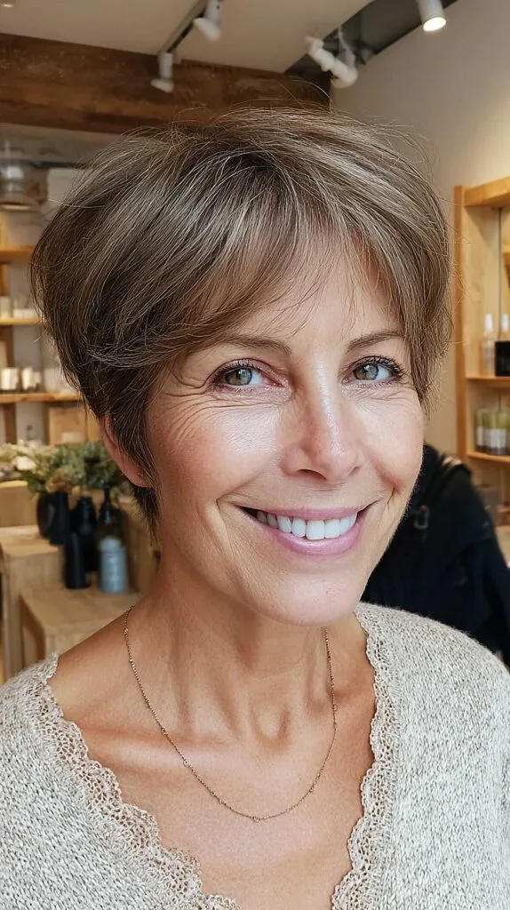 Short ash brown pixie cut with feathered curtain bangs