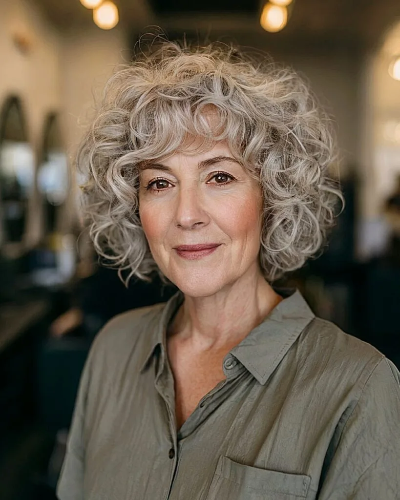 Short classic gray curly bob with soft fringe for older women with fine natural curls