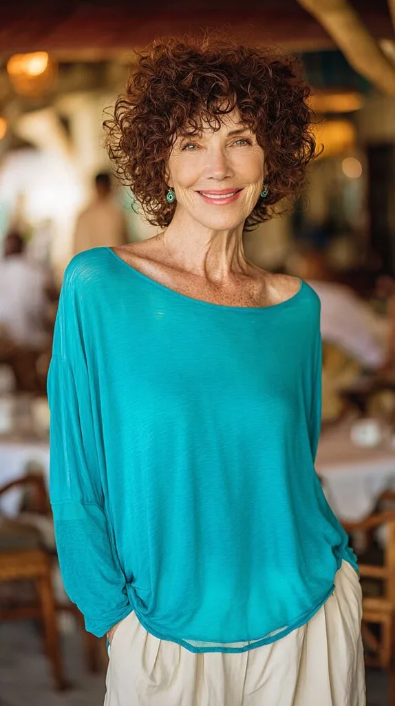Short cropped auburn curly shag with tight ringlets