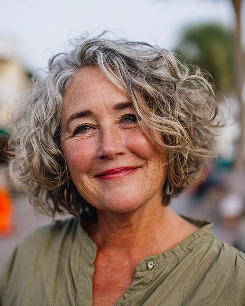 Short curly bob with tousled finish on a plus-size mature woman