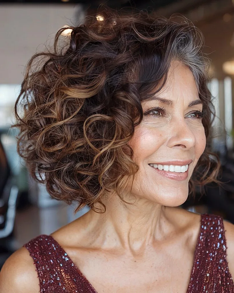 Short curly layered bob with caramel highlights for mature women wanting definition and lift