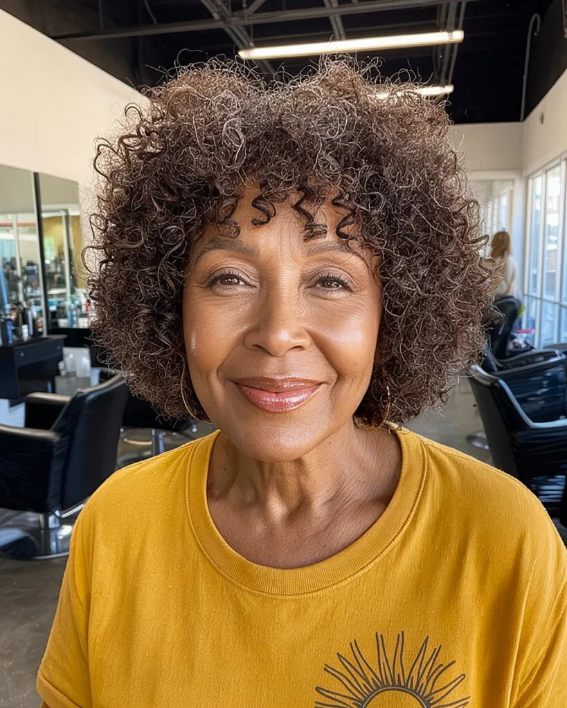 Short curly layered haircut with bangs for women over 60 with natural coily hair