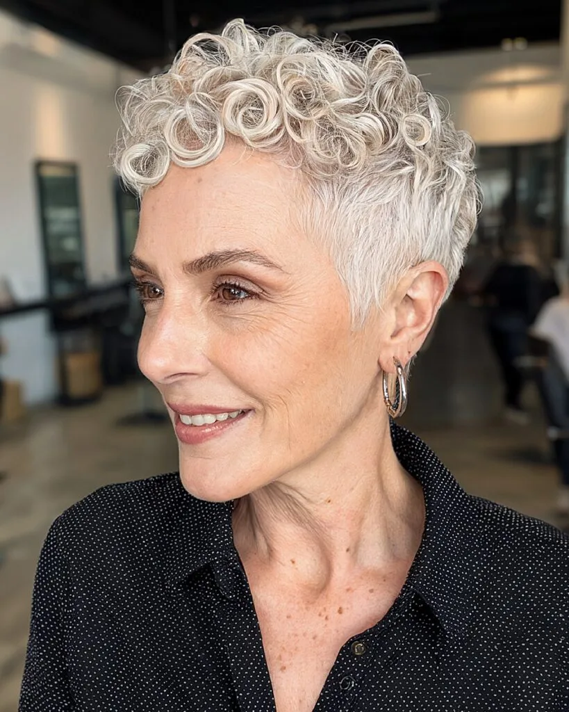 Short curly pixie cut with tapered sides and textured top for older women with natural curls