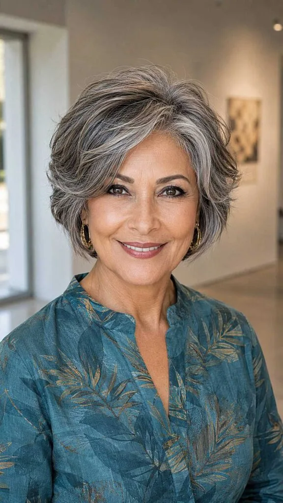 Short gray feathered bob with volume at the crown