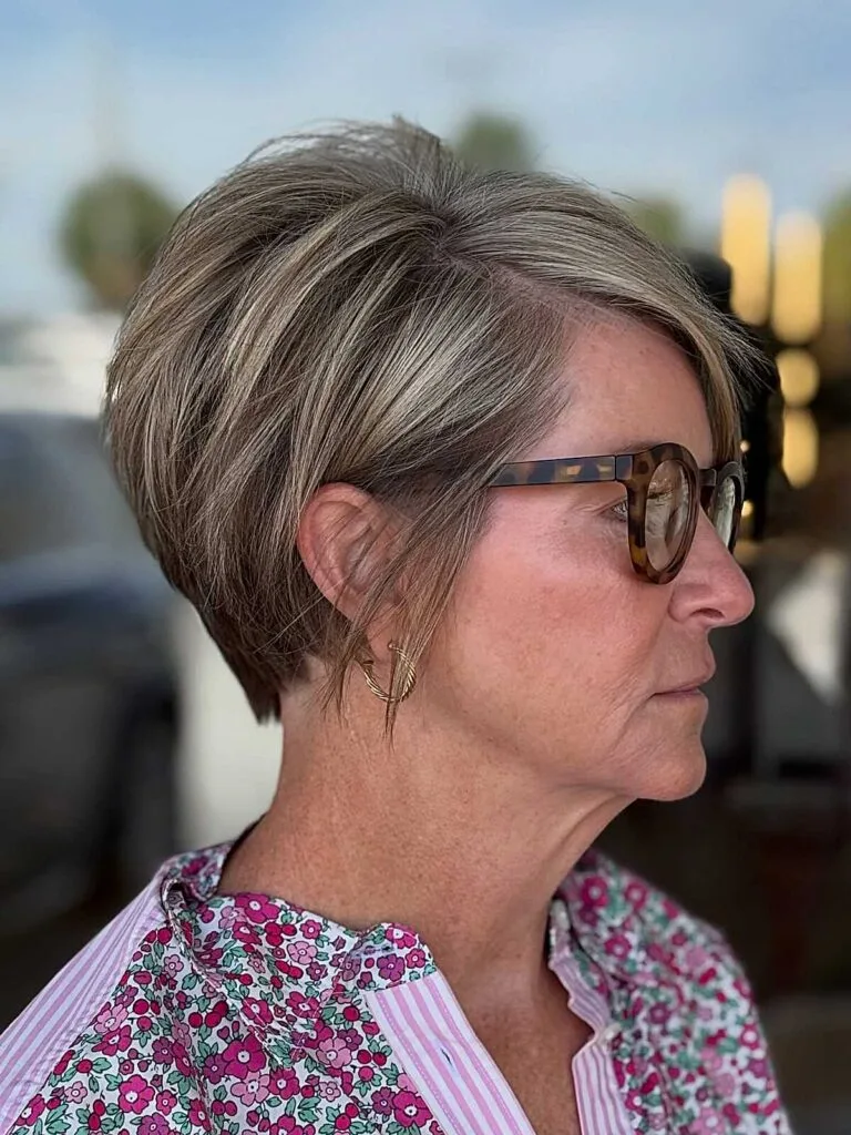 Short highlighted shag with tapered nape and glasses