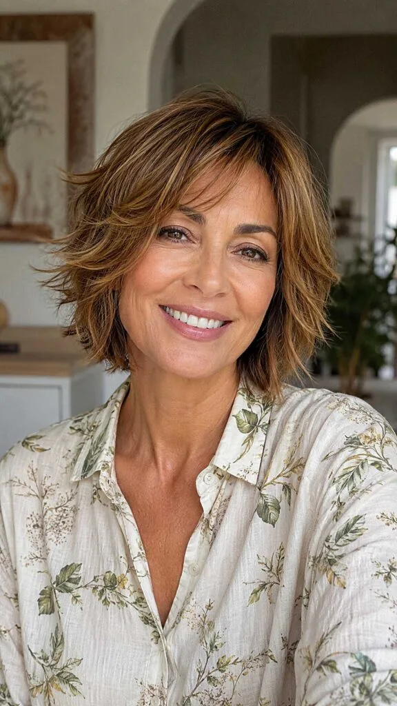Short layered shag with flipped ends and warm highlights