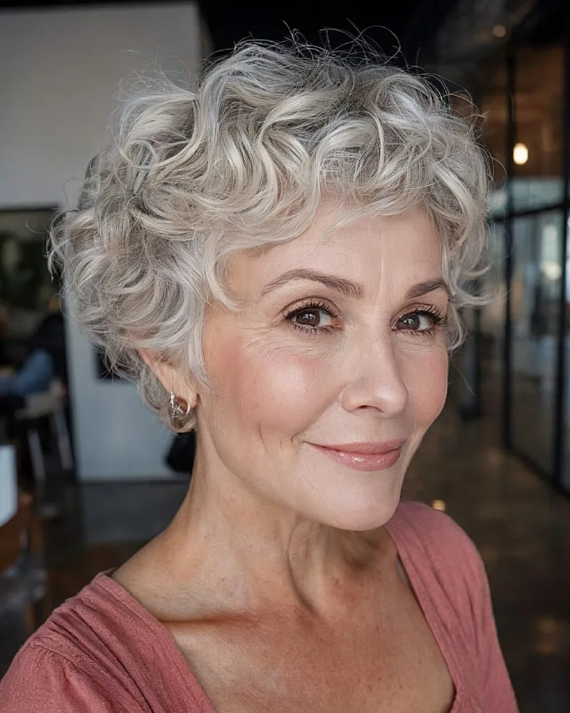 Short messy pixie cut with loose curls and soft gray tones for mature curly-haired women