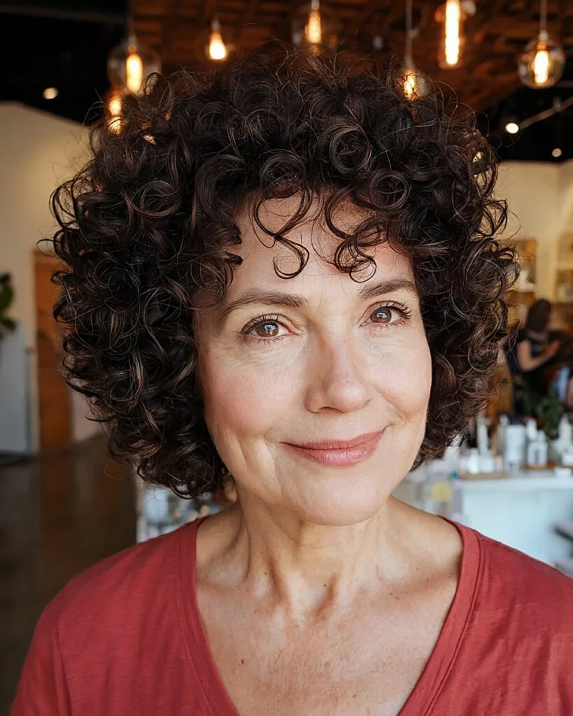 Short rounded curly haircut with uniform spirals for low-maintenance women over 50