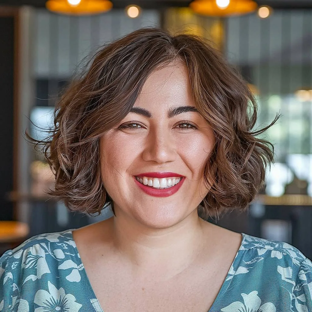 Short shaggy bob for round faces with soft waves and layered ends