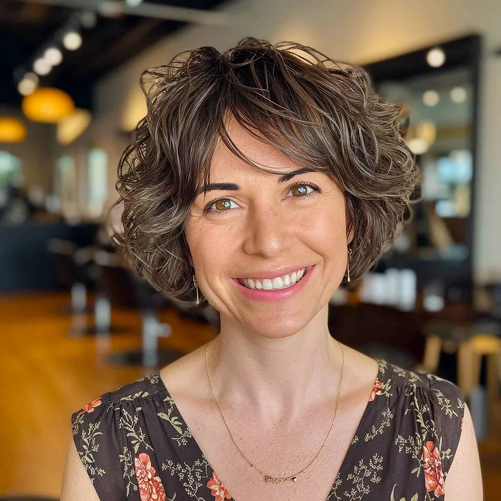 Short shaggy haircut with tousled waves and wispy bangs for women over 40