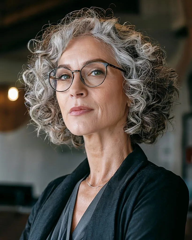 Short silver curly bob with sculpted volume and lift for over 50 women embracing natural grays
