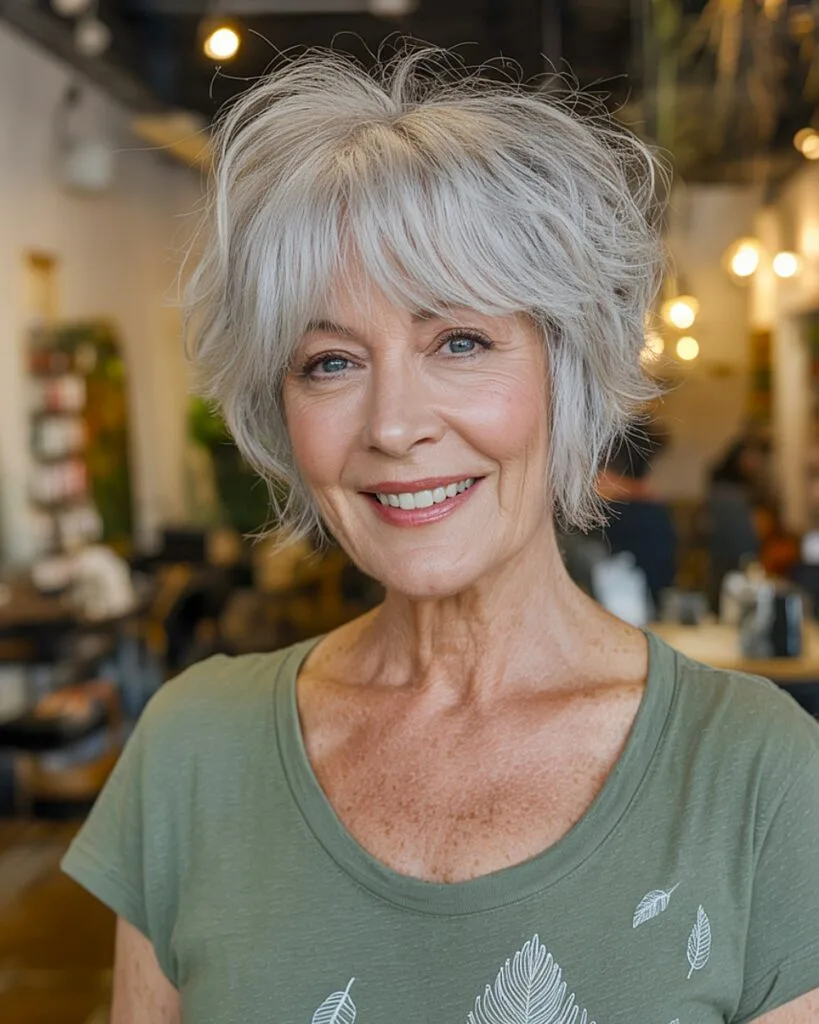 Short silver layered haircut with bangs for women over 60 with fine, wavy hair