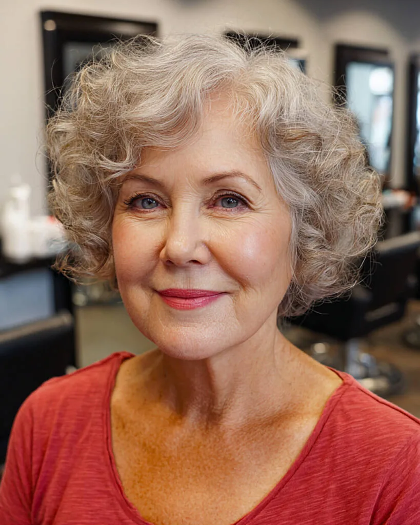 Short stacked curly bob with spiral curls for older women