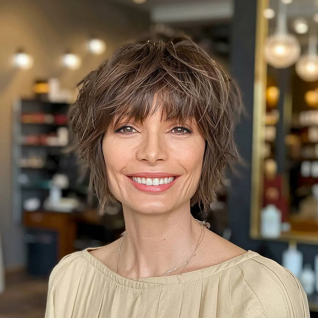 Short straight 70s shag with choppy fringe and textured ends