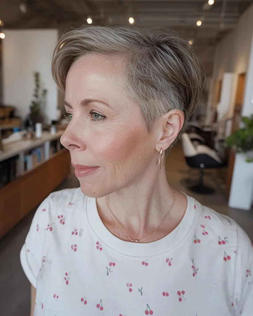 Short swoop pixie cut with long top layers and tapered sides for women over 50 with fine thin hair