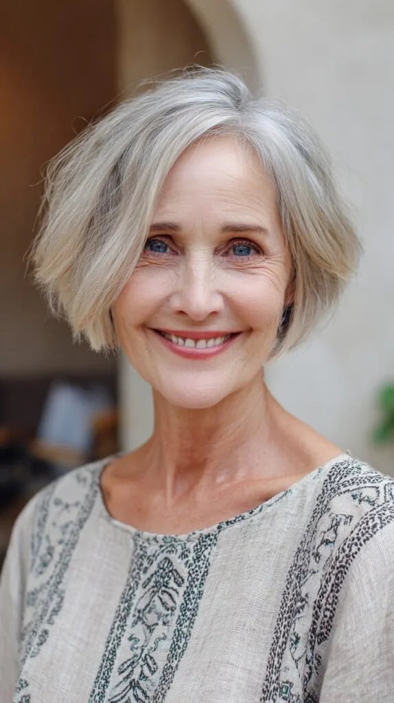 Short Textured Silver Bob with Subtle Crown Lift