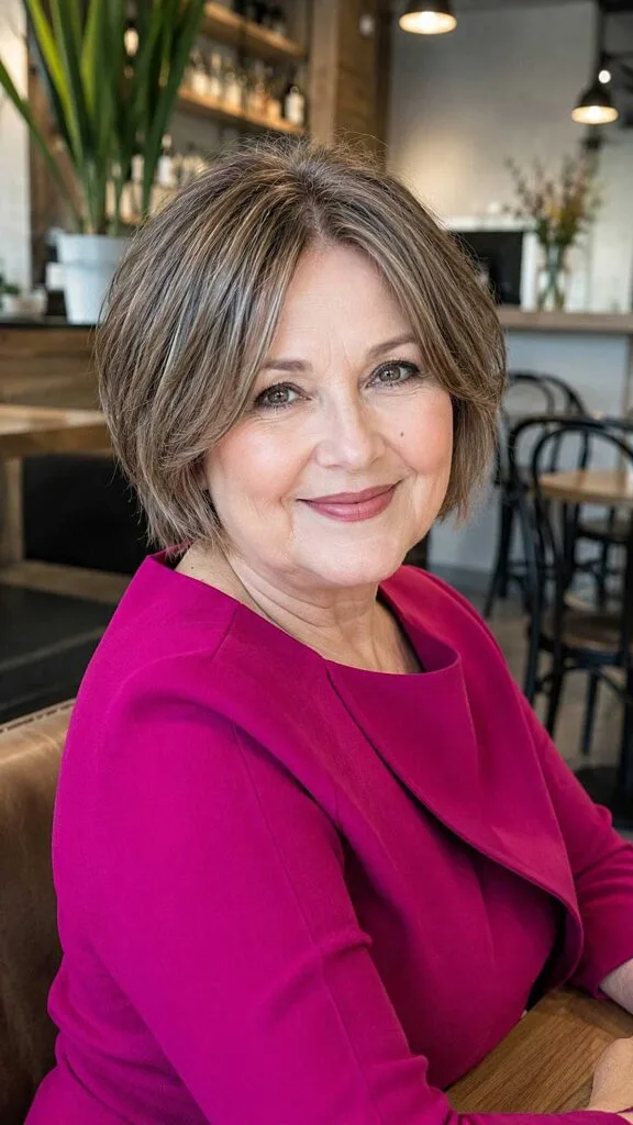 Short warm brunette bob with tucked layers on older woman