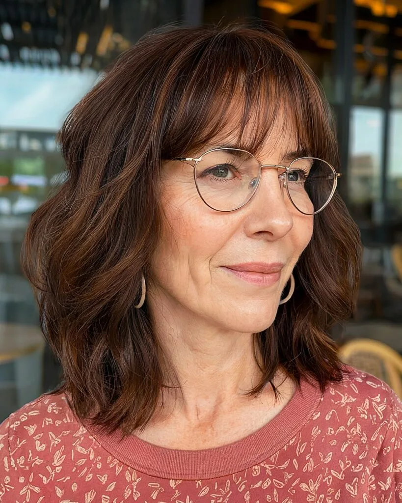 Shoulder-length brunette hair with soft layers and subtle bangs for women in their 60s